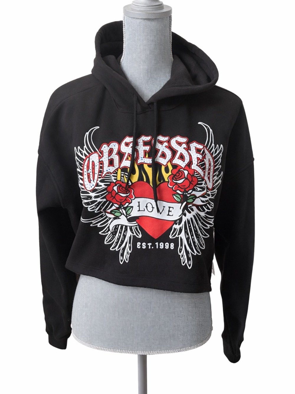 Ruby & Lace Obsession Love Cropped Graphic Hoodie Black Size M NWT